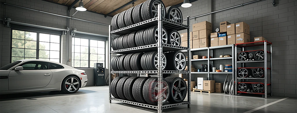 Стеллаж металлический для колес и шин в интерьере гаража - фото Стеллажин